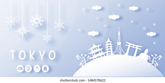 Travel Tokyo Tour Asia Panorama travel postcard, poster, tour advertising of world famous landmarks of Japan, winter season in paper cut style. Vector illustration. 