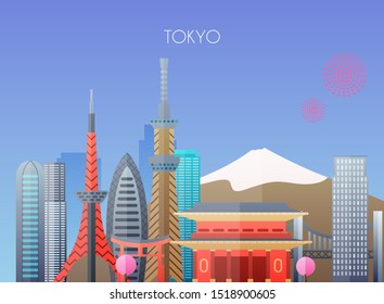 Travel to Tokyo. Traveling on airplane, planning a summer vacation, tourism and journey objects and passenger luggage. Flat design modern vector illustration concept.