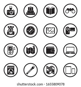 Travel Tools Icons. Black Flat Design In Circle. Vector Illustration.