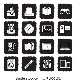 Travel Tools Icons. Grunge Black Flat Design. Vector Illustration.