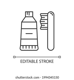 Icono lineal del cepillo de dientes de viaje. Mini cepillo y dentífrico. Equipamientos de higiene portátiles. Ilustración personalizable de línea delgada. Símbolo de contorno. Dibujo de contorno aislado del vector. Trazo editable