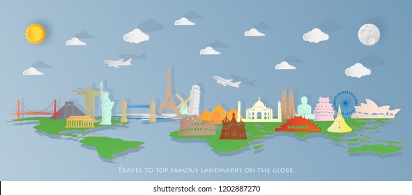 Travel to top famous landmarks on the globe,paper art city views and epic landscapes concept background,world map origami paper and digital craft style,vector journey illustration.