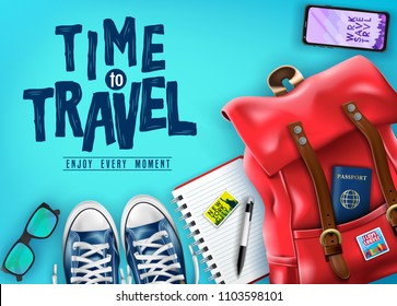 Travel Top View 3D Realistic Banner with  Items Such as Red Backpack, Sunglasses, Mobile Phone, Passport and Pair of Shoes for Vacation in Blue Background. Vector Illustration
