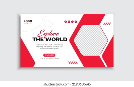 Travel or tour agency web banner template.Explore the world red color cover header background for website design