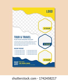 Travel and tour Annual report brochure flyer template with yellow and blue color design, business advertisement, magazine ads, catalog, book, hexagon and wave space element vector layout in A4 size