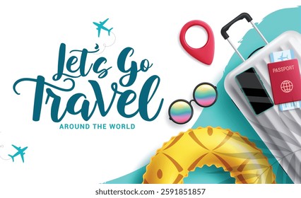 Travel tour clipart design. Let's go travel text with luggage bag, mobile phone, passport and ticket elements for vacation travelling international destination clip art vector illustration. 