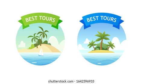 Travel Tour Emblem with Tropical Beach for Vacation or Summer Holidays. Vector Design Emblem set for Badges, Posters, T-shirts. Beach vacation, party, travel, tropical paradise, adventure.