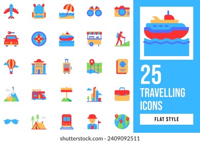 Travel And Tour Flat Icon Set. Containing compass, guide, peak, rental, map, skyline, hotel, train, hiking, airplane, travelling, camera, umbrella, luggage, cruise, sunglasses, binoculars, suitcase.