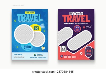 Travel Tour flyer poster template set. Time to travel explore the world tourism Flyer, trip offer for travelling price discount flyer.