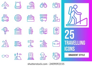 Travel And Tour Gradient Icon Set. Containing compass, guide, peak, rental, map, skyline, hotel, train, hiking, airplane, travelling, camera, umbrella, luggage, cruise, sunglasses, binoculars.