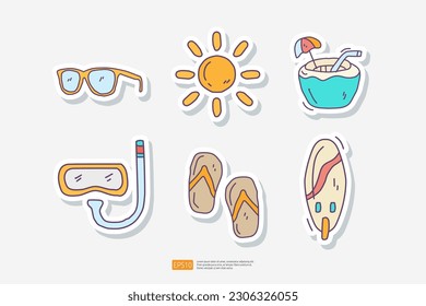 Travel Tour and Holiday Vacation Concept Vector Illustration. Sunglasses, Sun, Coconut Drink, Snorkel Diving, Flip Flop Sandal, Surfing Board, Summer and Tourism Doodle Sticker Set Icon