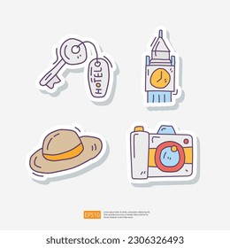 Travel Tour and Holiday Vacation Concept Vector Illustration. Hotel Key, Big Ben London Landmark, Straw Summer Hat, Camera. Summer and Tourism Doodle Sticker Set Icon