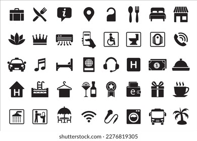 Travel and tour icons set. Tourism vector icon collection. City hotel facility sign. Contains symbol of air conditioner, shower, music entertainment, payment method and more.