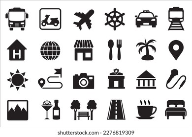 Iconos de viajes y visitas. Colección de iconos del vector de turismo. Señal de las instalaciones del hotel de la ciudad. Contiene el símbolo del aeropuerto, avión, bus, estación, autopista, taxi, tren, montañas, ruta, policía, puerto.