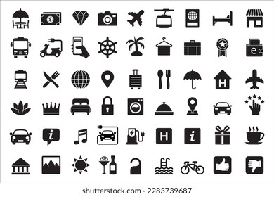 Travel and tour icons set. Tourism vector icon collection. City hotel facility sign. Contains symbol of airport, airplane, mountains, bicycle, electric vehicle, crown, globe, passport, gondola lift.