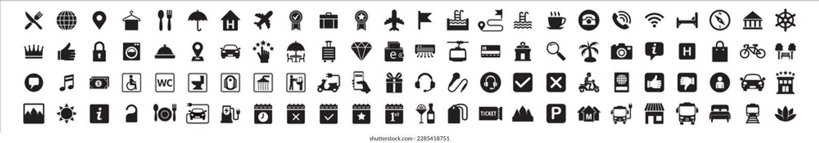 Travel and tour icons set. Tourism vector icon collection. City hotel facility sign. Contains symbol of airport, airplane, mountains, bicycle, electric vehicle, crown, globe, passport, gondola lift.