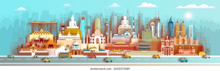Travel and tour landmarks Asia famous ancient and modern architectural monument, Colorful architecture of asian. Travel panorama landmark of Europe. Big silhouette set of famous landmarks of asia.