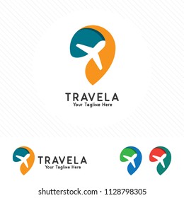 Travel and tour logo concept, airplane icon with pin map symbol.