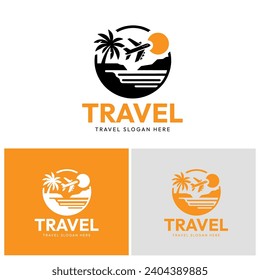 Logo de viajes con ilustraciones de aviones, sol e islas. Adecuado para logotipos de agencias de viajes