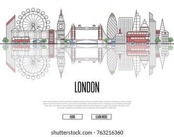 Travel tour to London poster with famous architectural attractions in linear style. Worldwide traveling and time to travel concept. London panorama with landmarks, tourism and journey vector banner