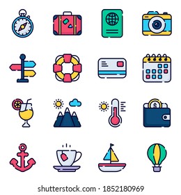 Travel and tour outline colored icons set. Light version for Web and Mobile.