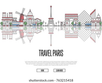 Travel tour to Paris poster with famous architectural attractions in linear style. Worldwide traveling and time to travel concept. Paris panorama with landmarks, tourism and journey vector banner