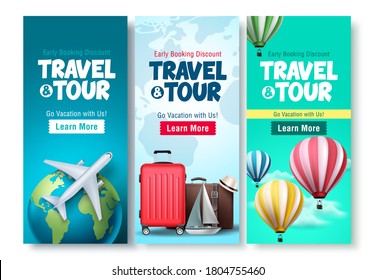 Travel and tour poster set vector background design. Travel and tour early booking discount with traveling  elements for tourism online promotional purposes. Vector illustration.
