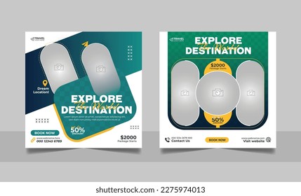 Travel tour promotion banner travelling business social media post or tourism marketing square flyer template