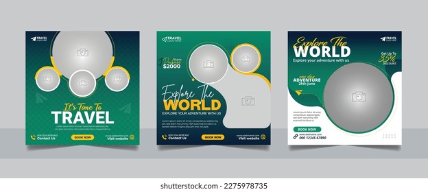 Travel tour promotion banner travelling business social media post or tourism marketing square flyer template