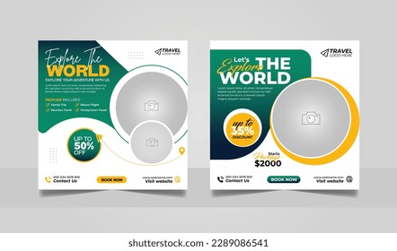 Travel tour promotion banner travelling business social media post or tourism marketing square flyer template.