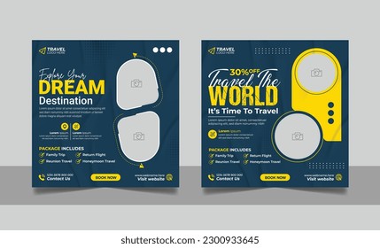 Travel tour promotion banner travelling business social media post or tourism marketing square flyer template