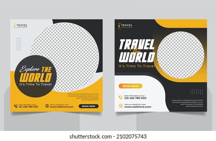 Travel tour promotion social media post or Explore world travelling business social media web banner, tourism holiday square flyer template.