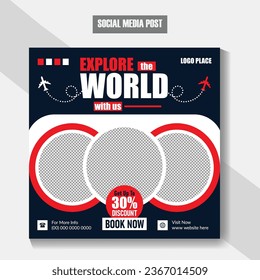 Travel tour sale and tourisom business promotion web banner template design for social media template. Travelling, tourism or summer holiday tour online flyer with angency logo vector