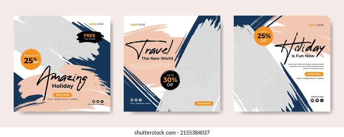 Publicación de banner en medios sociales de viajes y visitas guiadas. Viajar volante de marketing de negocios con el logo y el icono de la agencia. Afiche web de promoción de vacaciones en la playa de verano con antecedentes abstractos. Cartel de venta de viajes en línea.