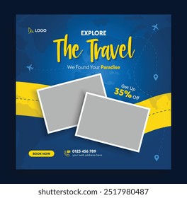 Travel and tour social media banner post template. Travel social media post template. Travel web banner or poster. Web banner ads for travel promotion. 