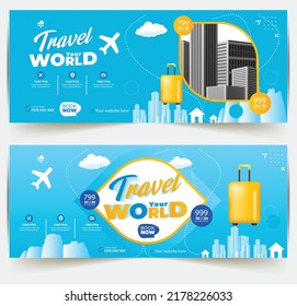 Travel and tour social media cover or web banner. World tours Banner design. Enjoy Holiday Adventure Template. Travel agency Poster. Truism Vacation Discount Banner.	