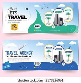 Travel and tour social media cover or web banner. World tours Banner design. Enjoy Holiday Adventure Template. Travel agency Poster. Truism Vacation Discount Banner.	