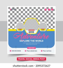 Travel tour Social media post banner or square flyer template design. Holiday travel social media post template Premium vector