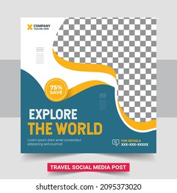 Travel tour social media post banner or square flyer template design. Start your world travel social media, Travel social media post and flyer