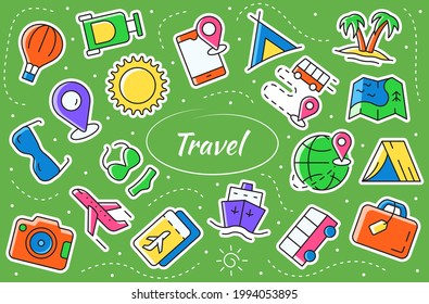 Travel and Tour - sticker set. Concept of adventure and tourism. Vector symbol collection.