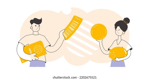 Travel tour team. Linear style. Vector.