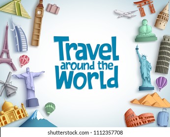 Travel and tour vector background template with travel around the world text and famous tourist destinations and landmarks elements in white background. Vector illustration.
