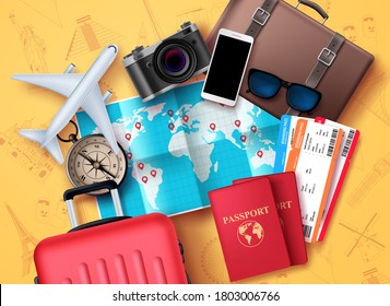 Travel and tour vector design. Travel and tourism elements with world map for location and destination, compass, passport, tickets, camera and luggage bag elements for adventure vacation. Vector illus