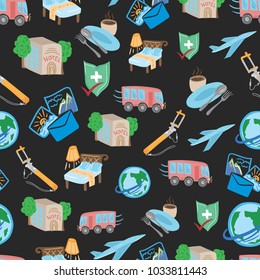 Travel Tour Vector Pattern
Touristic Seamless texture with transport, hotel, insurance and food flat icons on black background
