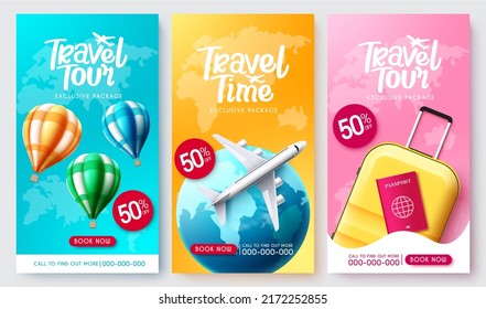 Travel tour vector poster set. Travel package collection in exclusive discount with tourist elements for travelling sale offer design. Vector illustration.
