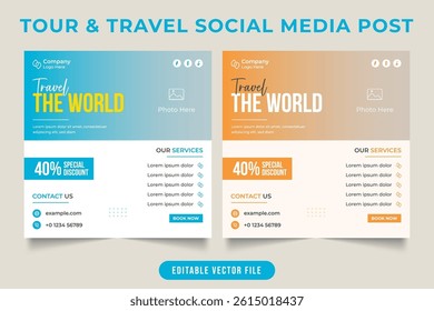 Travel and touring organization poster template with sky blue and orange colors. Holiday tour and travel social media post vector with photo placeholder. Vacation planner agency promotional flyer.