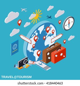 Travel, touring, vacation flat isometric vector concept illustration