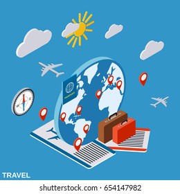 Travel, touring, vacation flat isometric vector concept illustration