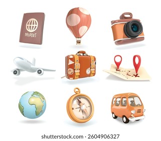 Travel Tourism 3d icon set with suitcase, compass, minivan. Holiday Vacation isolated vector 3d illustration set. 