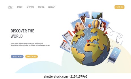 Travel, Tourism, Adventure, Journey Concept. Globe, Photo Cards, Phone With Travel Playlist. Vector Illustration, Website Template.